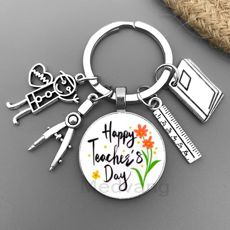 New Thank You Teacher Keychain Gift Thanksgiving Teacher Education Pendant Round Glass Keychain Teacher's Day Jewelry Gift