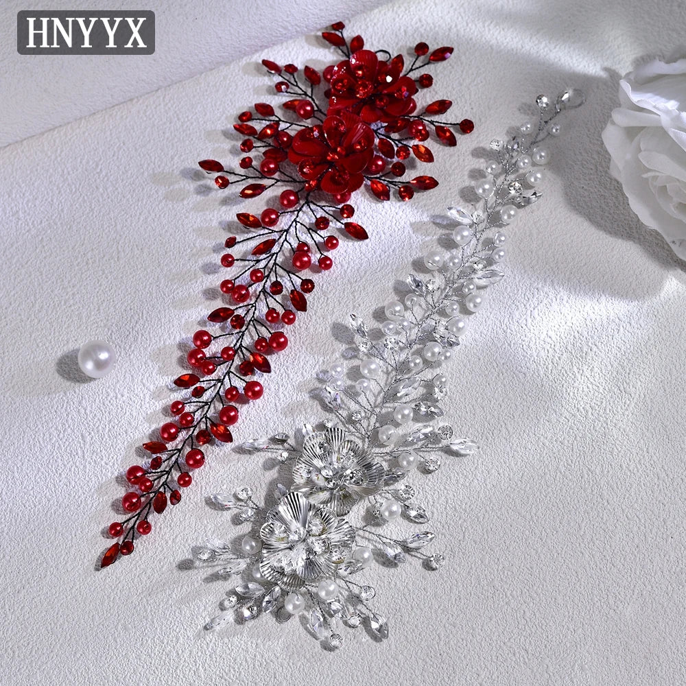 HNYYX Pearl Crystal Flower Headband Women's Red Hair Accessories Bridal Party Queen Wedding Headpieces Jewelry Hair Tiara A265