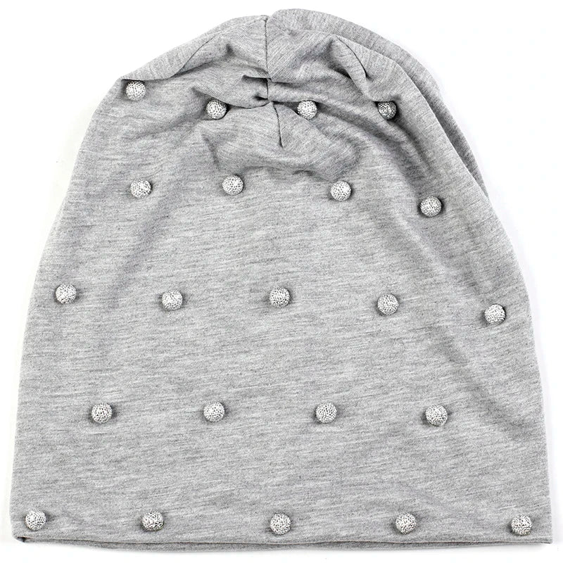 Geebro Women Spring Autumn Warm Soft Beanies Cotton Solid Color Fashion Skullies Hats With Silver Beads Accessories Caps Bonnet