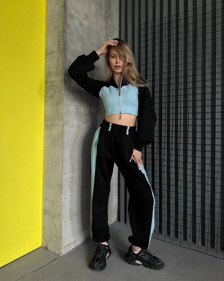 Casual Patchwork Denim 2 Piece Sets Women Outfit Slim Hoodies Crop Top Wide Leg Sweatpants Suit Streetwear Fashion Tracksuits