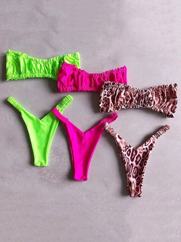 High Cut Extreme Micro Thong Bikini Women Bandeau Swimsuit Female Swimwear Two Pieces Bikini Set Wrinkled Bathing Suit Swim Lady