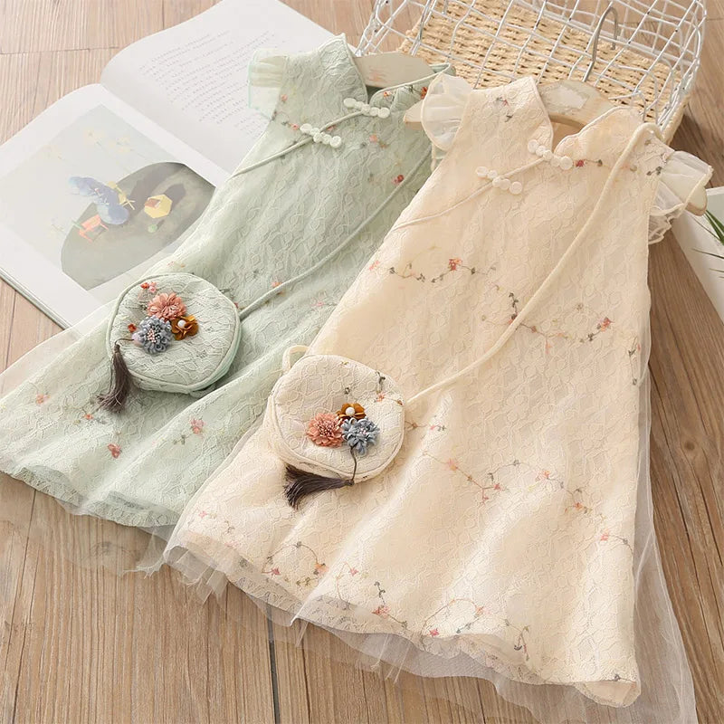 Summer 3 4 5 6 7 8 9 10 11 12 Years Fly Sleeve Lace Cheongsam Dresses With Bag For Kids Girls