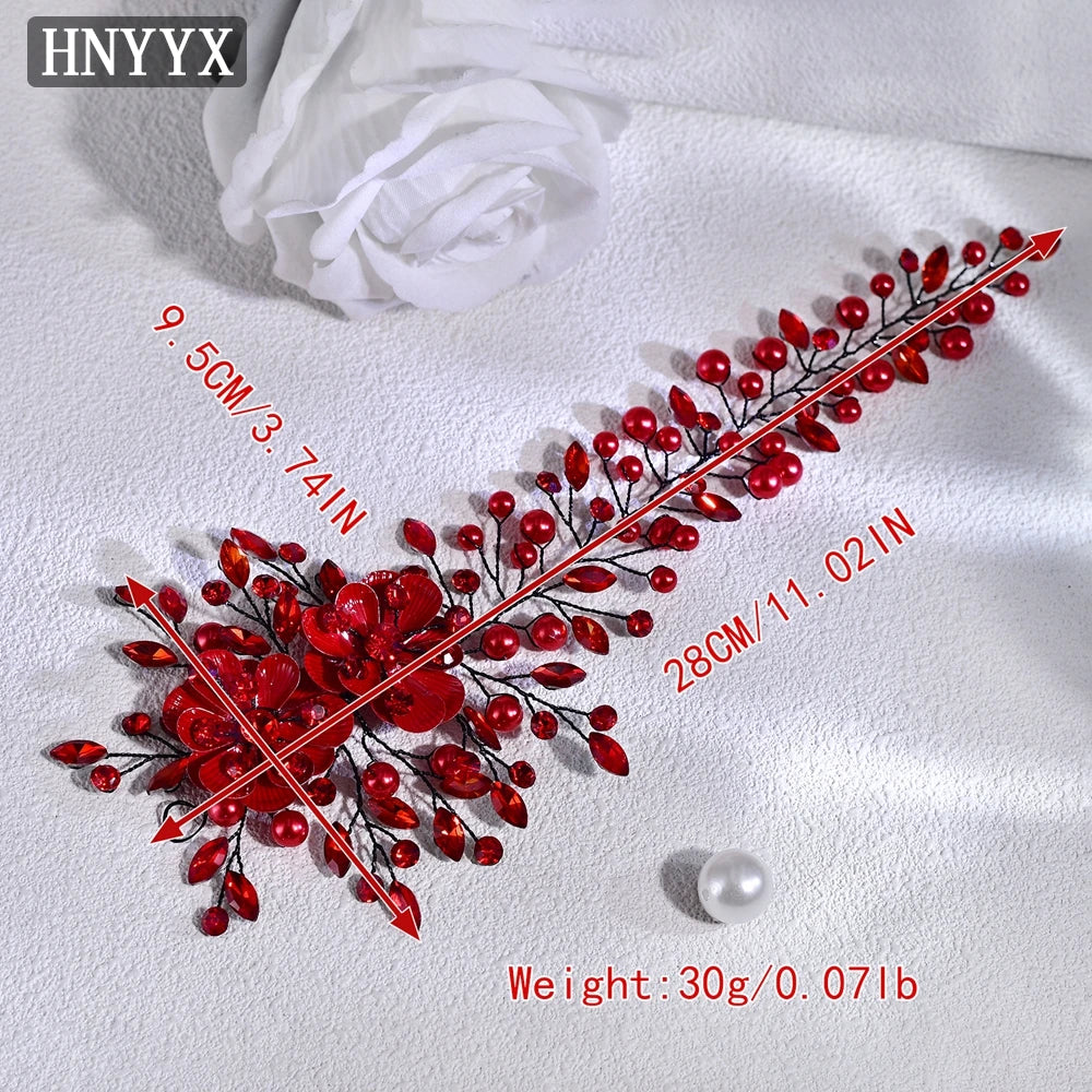 HNYYX Pearl Crystal Flower Headband Women's Red Hair Accessories Bridal Party Queen Wedding Headpieces Jewelry Hair Tiara A265