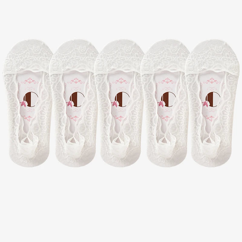 5pairs Summer Women Girl Silica Gel Lace Boat Socks Invisible Cotton Sole Non-slip Antiskid Slippers Anti-Slip Short Ankle Socks