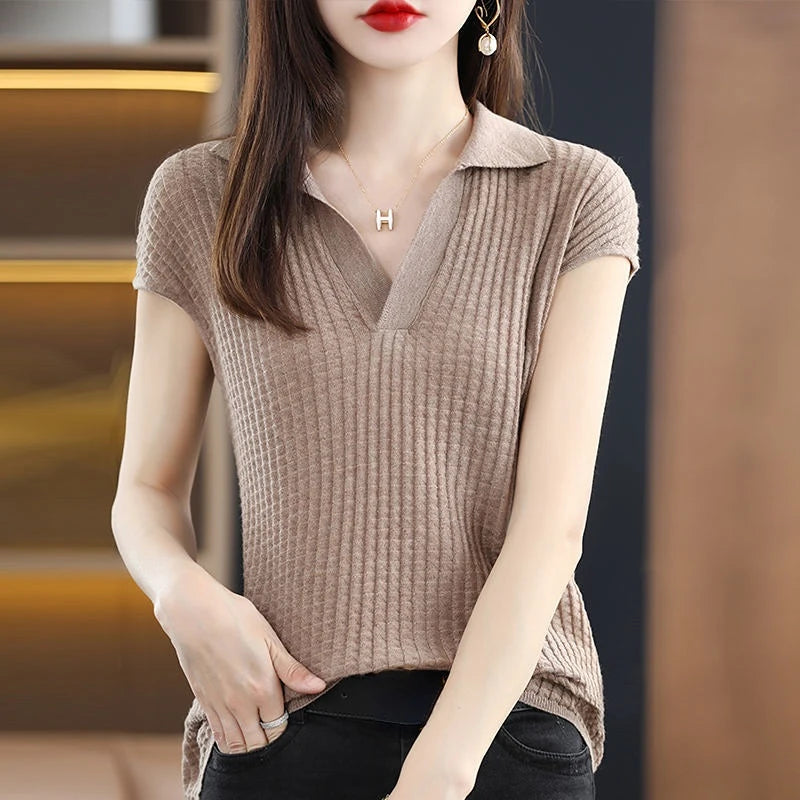 T Shirt Youth Top Petite Knitted Wholesale Ladies Polo Neck Tee Shirts Korean Pullover Luxury High Quality Flower Good Xxl Black clothes
