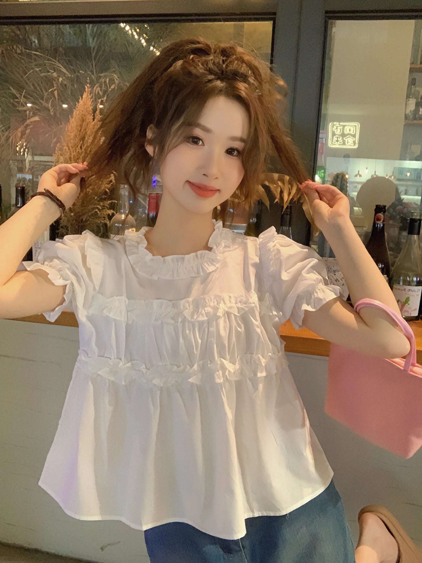 Summer petite wooden ear edge patchwork short sleeved French top with loose design, niche shirt