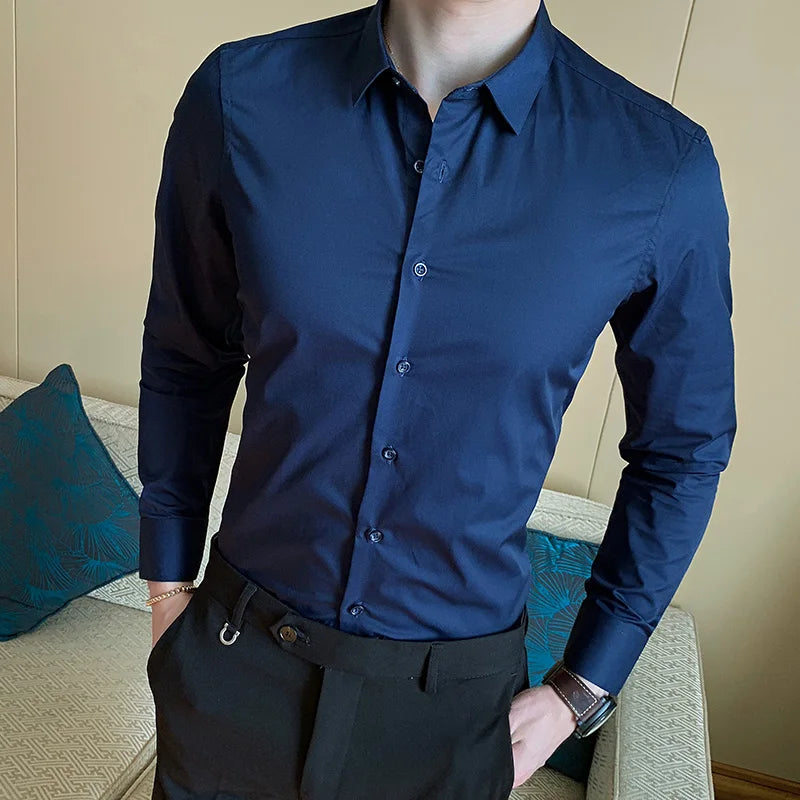Four Season Non-ironing Regular Fit Business Casual Long Sleeve Shirt Anti-Wrinkle Solid Color Male Social Formal Shirts
