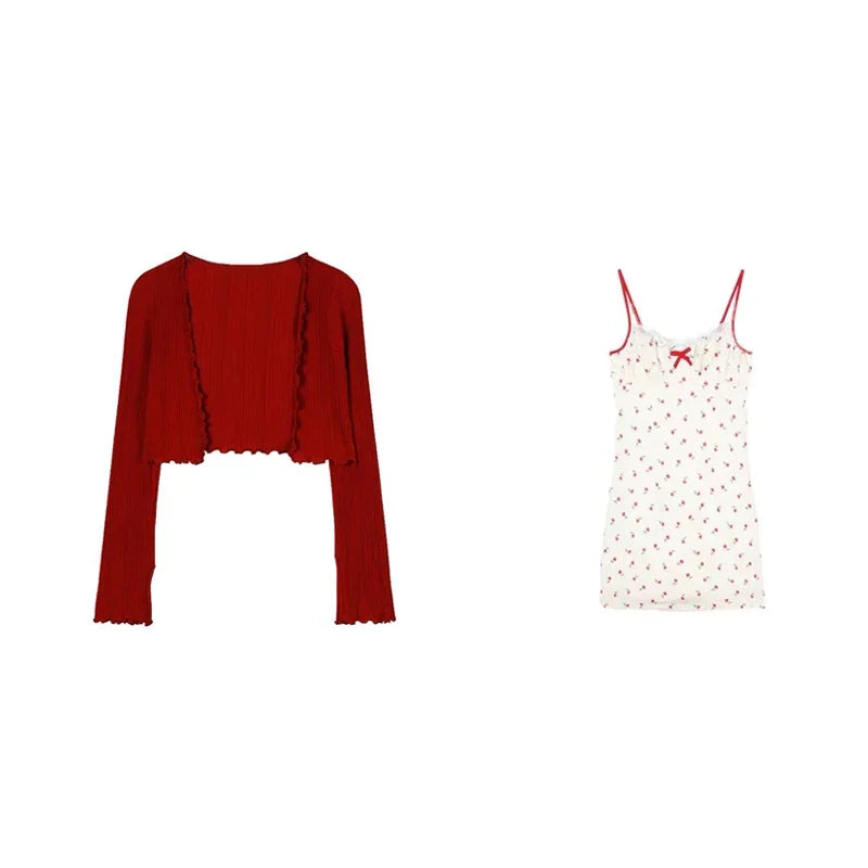 Sweet 2 Piece Dress Set Woman Red Long Sleeve Cardigan + Strap Floral Y2k Mini Dress Party Korean Fashion Suit 2023 Autumn Chic