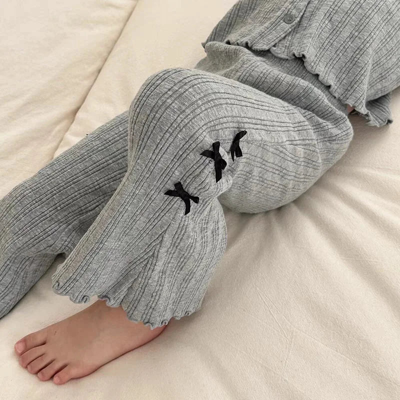 2025 Spring New Baby Girl Long Sleeve Clothes Set Toddler Ribbed Cardigan Coat + Bow Flared Pants 2pcs Suit Kids Casual Outfits
