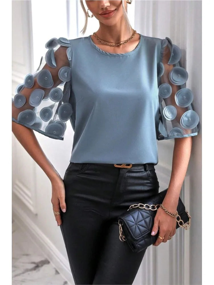 Fashion Lace Splicing Hollow Short Sleeve Women's Blouse Summer Elegant Office Lady Shirt Solid Color Casual O Neck Blouses Tops