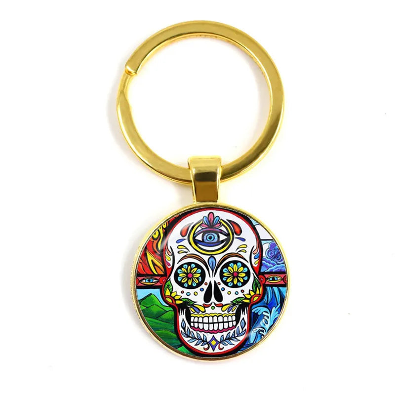 Fashion Colorful Sugar Skull Keychain Mexico Folk Art Patterns Glass Pendant Key Chain Jewelry Holiday Gift