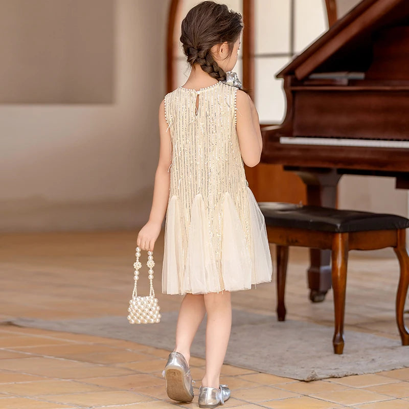 Beige girls dress Pearl tassel sequin vest