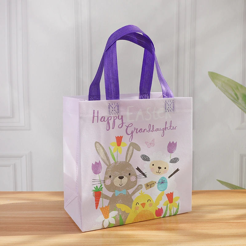 4pcs Easter Waterproof Non-woven Gift Bag Cartoon Egg Bunny Printed Candy Packaging Bag With Handles Happy Easter Party Supplies
