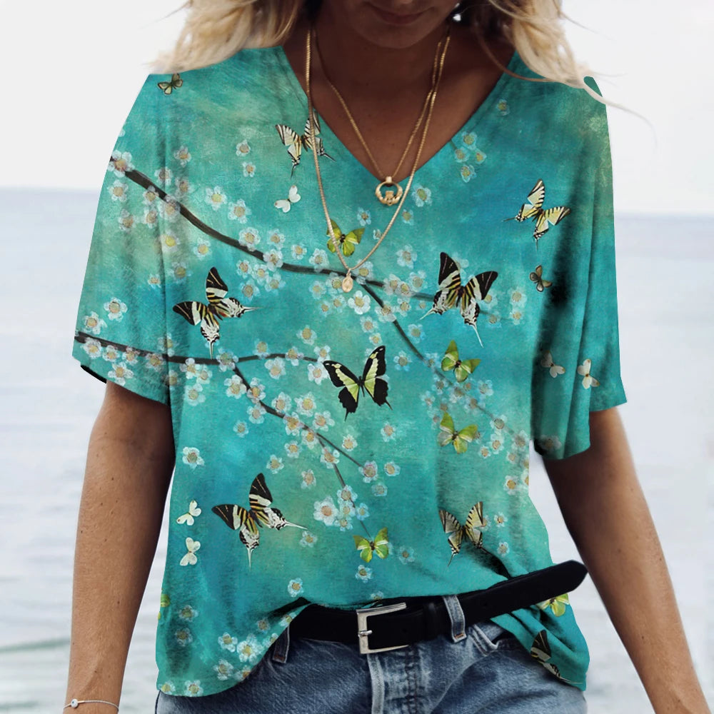 Butterfly Printed Women's T-Shirt clothes 3D V-Neck Cotton Fashion Short Sleeve Tops 2025 Casual Basic Girl's Clothing Harajuku Clothes