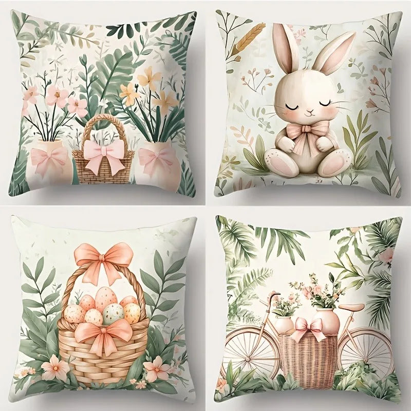 Easter Bunny and Plant Pillow Cover Nordic Home Decor Pillow Cover Festive Bedroom Living Room Decor Polyester Cushion Cover