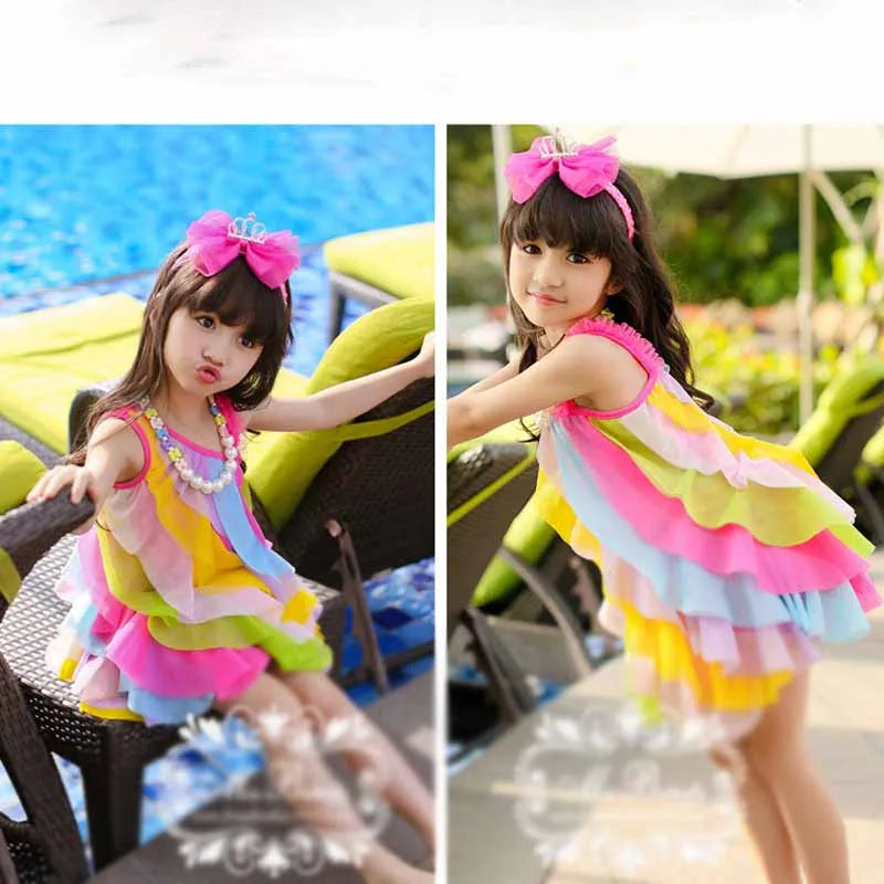 Summer Girls Dress No Necklace Korean Style Children'S Clothing Gauze Princess Costumes Baby Kids Sling Rainbow Beach Outfits