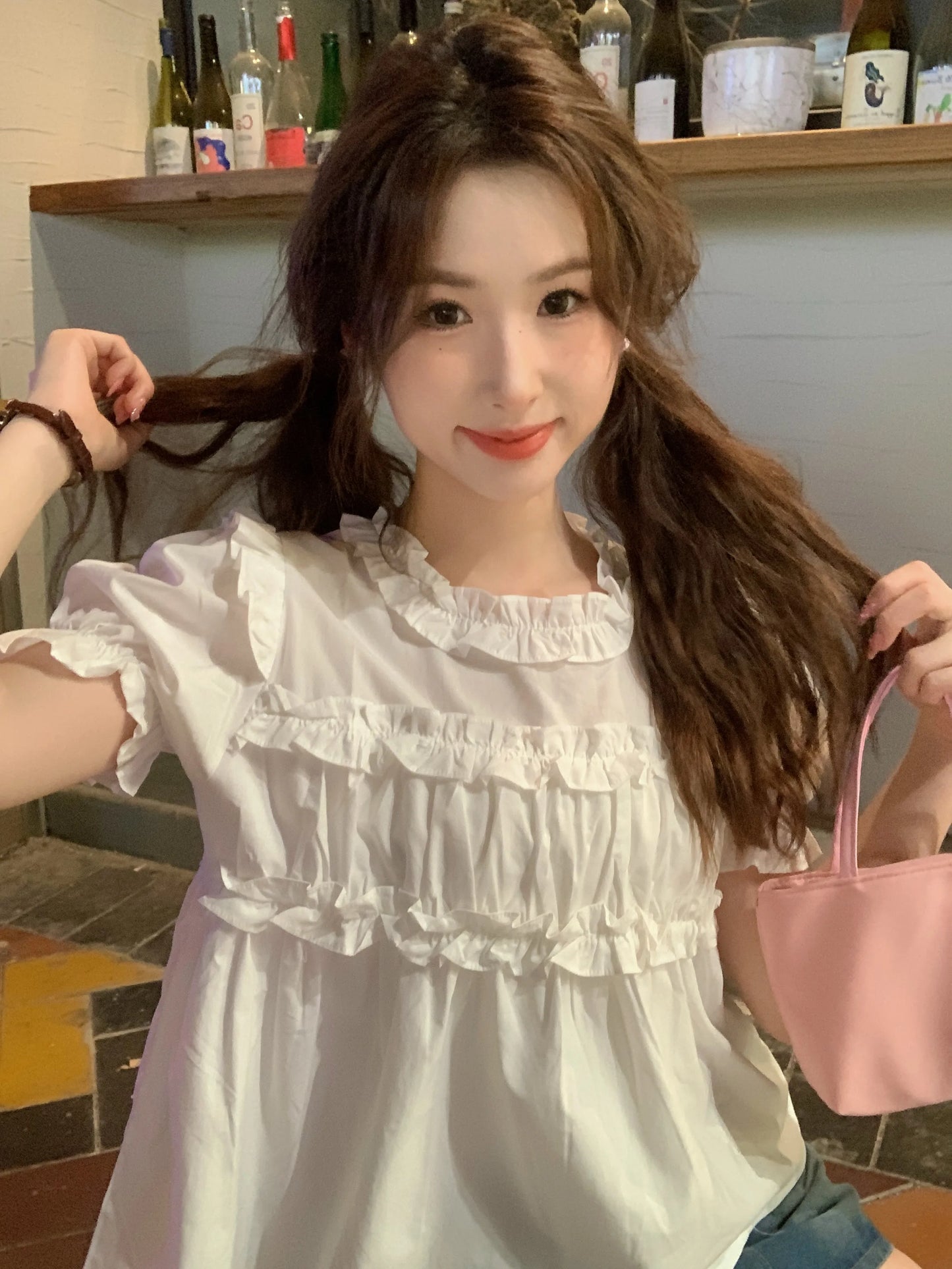 Summer petite wooden ear edge patchwork short sleeved French top with loose design, niche shirt