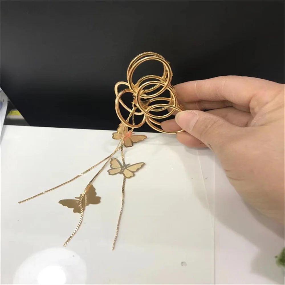 Temperament Hollow Butterfly Hair Claws Nonslip Elegent Golden Clips With Butterfly Tassel Hairband  Hair Accessories
