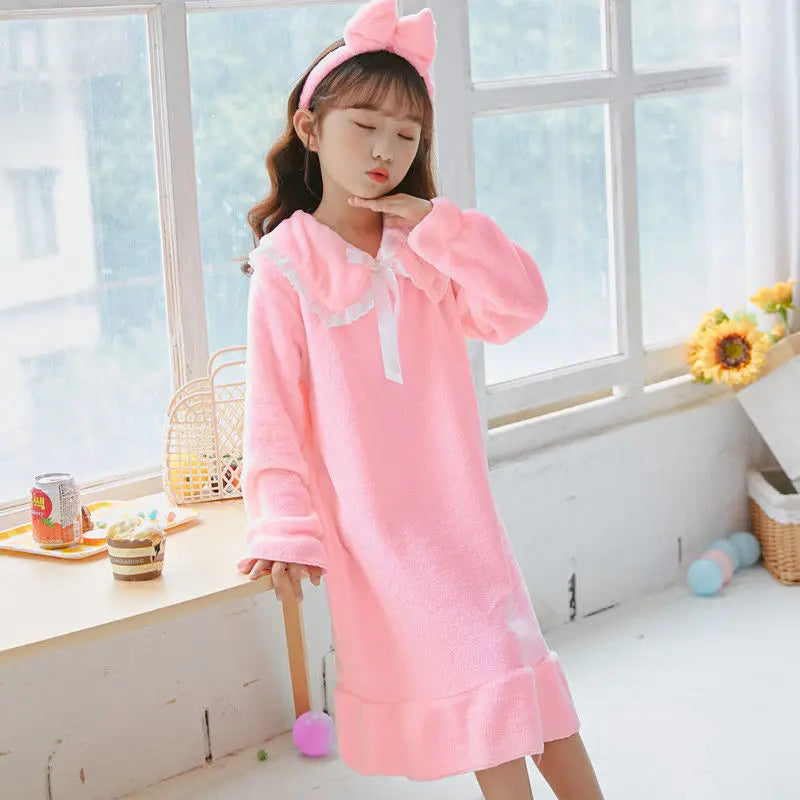 Autumn Winter Girls Flannel Nightdress Children Long-sleeve Nightdress Round Neck Bowknot Decoration Princess Style Pajamas
