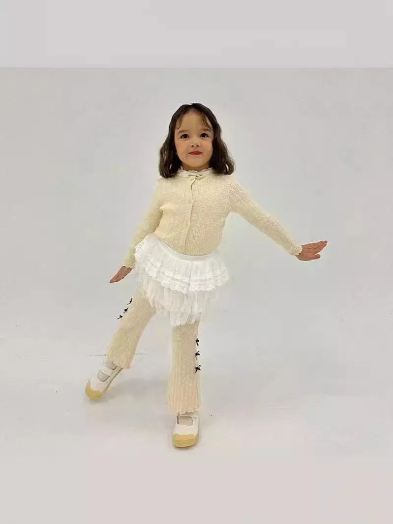 2025 Spring New Baby Girl Long Sleeve Clothes Set Toddler Ribbed Cardigan Coat + Bow Flared Pants 2pcs Suit Kids Casual Outfits