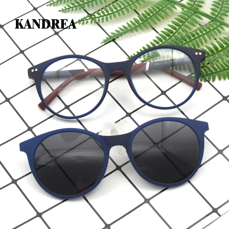 KANDREA 2 IN 1Vintage Round Magnetic Sunglasses Women Fashon Glasses Frame Men Optical Myopia Prescription Eyewear C8012