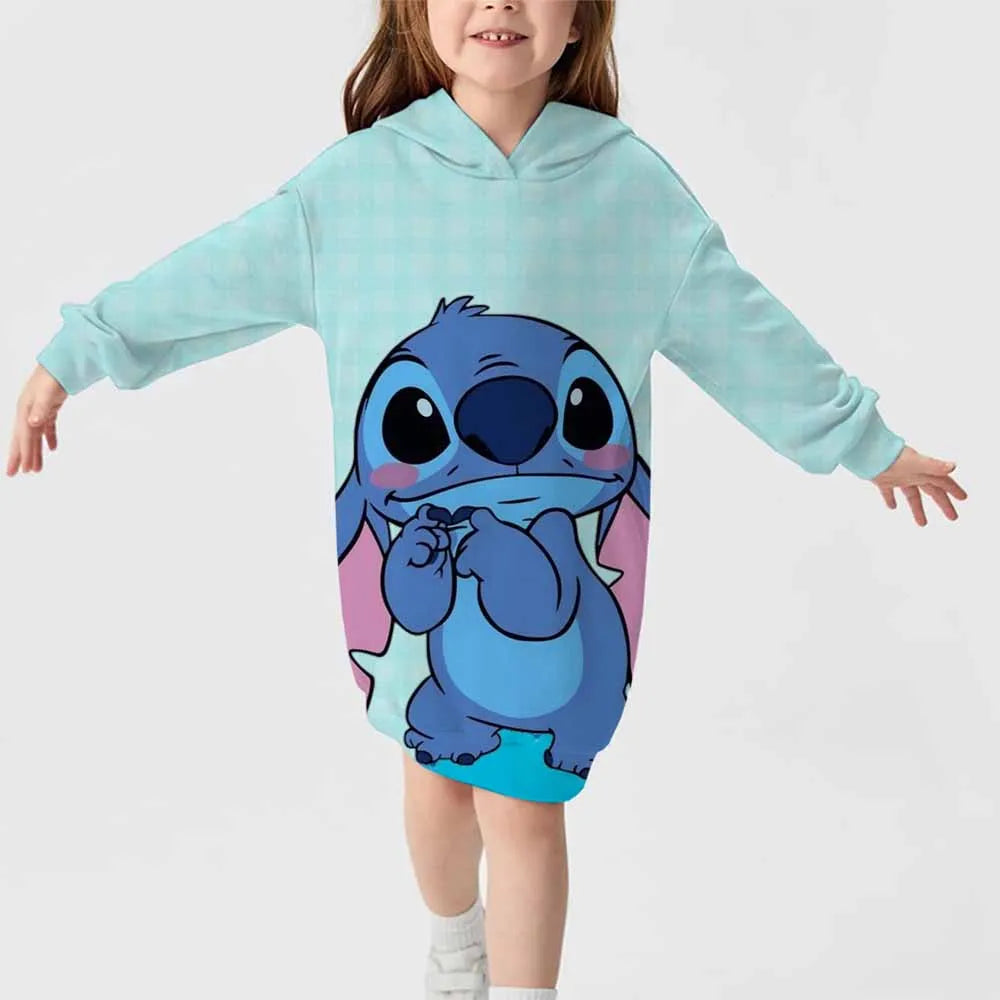 2024 neuer Disney-Stichmuster-Kapuzenrock für Herbst und Winter für Mädchen, süßes, bequemes Langarm-Kapuzenpulloverkleid 