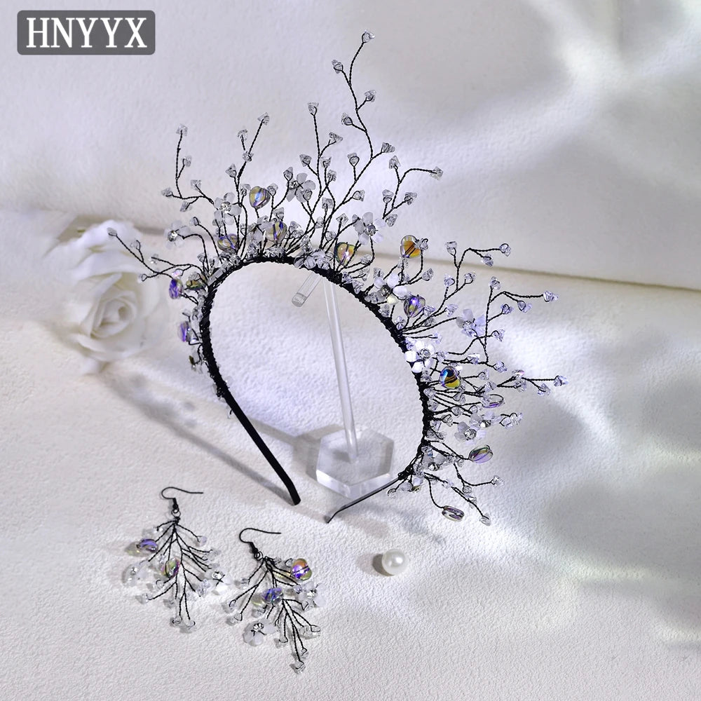 HNYYX Fashion Rhinestone Crown Women's Hair Accessories Earrings Set Handmade Jewelry Princess Hair Tiara Headband Gift A243