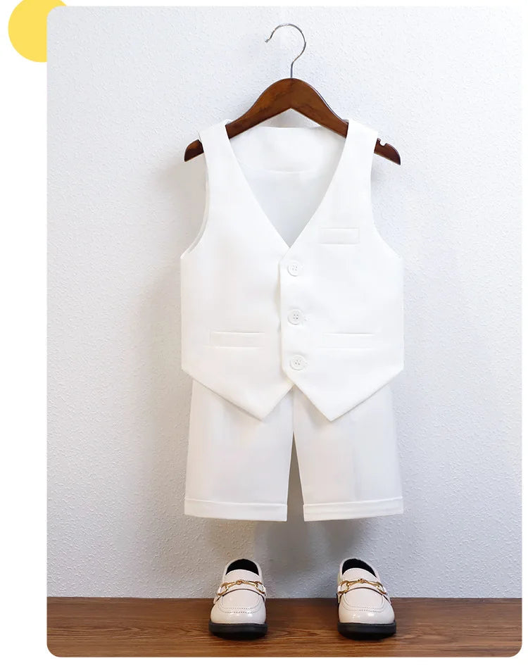 Kids Cool Vest Shirt Shorts Bowtie Ceremony Costume Boys Silm Fit Wedding Dress Chilren's Host Performance Costome