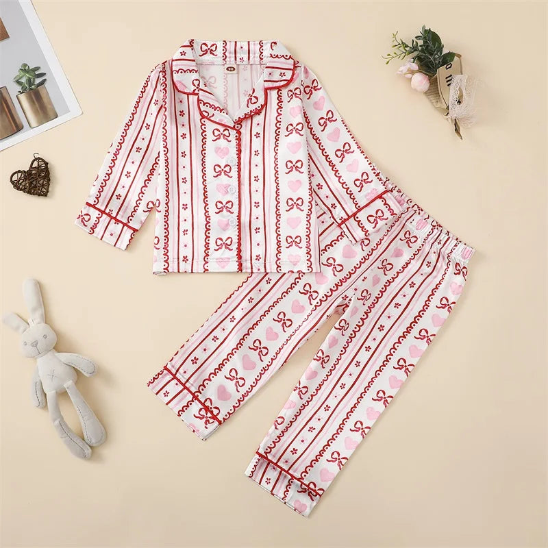Kids Girls Valentine s Day Pajamas Set Bow Heart Print Long Sleeve Shirts Tops Long Pants 2 Pieces Lounge Suit Sleepwear