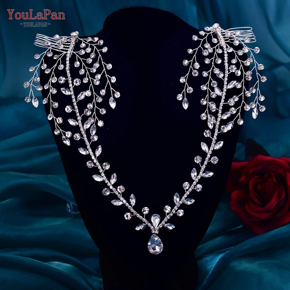 YouLaPan Crystal Flowers Hairpiece Bridal Wedding Hair Accessories Handmade Rhinestone Forehead Tiara Crown for Bride HP618