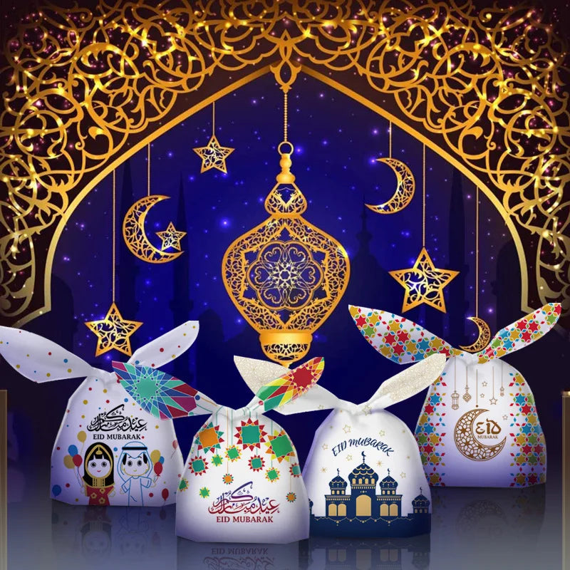 30PCS Eid Mubarak Rabbit Ear Bags Candy Gift Bags Muslim Islamic Festival Party Baking Package Ramadan Kareem Favors Supplies