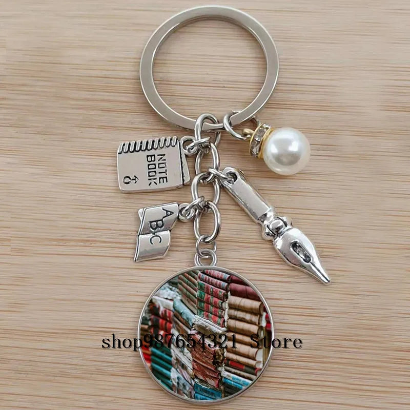 Classic Library Books Keychain Vintage Old Books Key Chain Librarians Key Ring Gift for Nerd Bookworm Writer Teacher