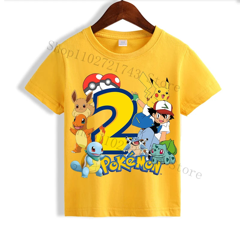 Pokemon Pikachu Yellow T-shirts for Children Anime Short Sleeved Shirt Boys Girls Summer Fashion Number 1-10 Tops Kids Clothes