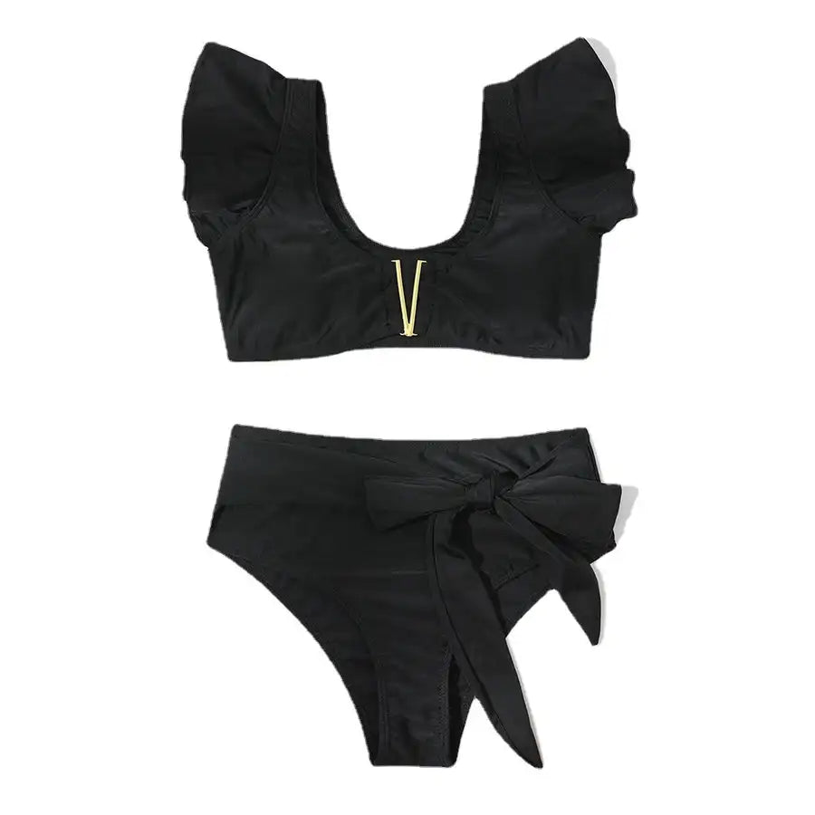Monochrome Ruffle Bikini Set For Women Black High Waist Swimwear  2023 Fashion  2 Piece  Beach Exit  Backless  Luxury  Biquini