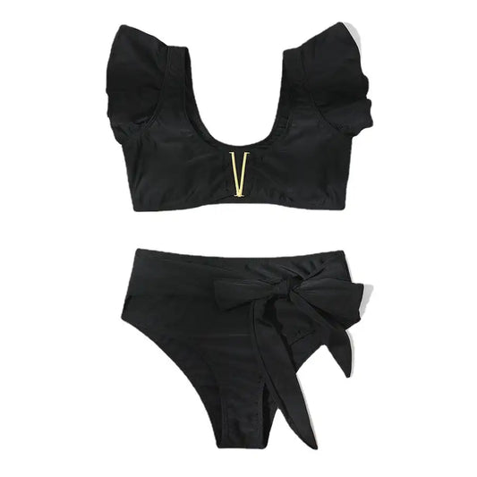 Monochrome Ruffle Bikini Set For Women Black High Waist Swimwear  2023 Fashion  2 Piece  Beach Exit  Backless  Luxury  Biquini