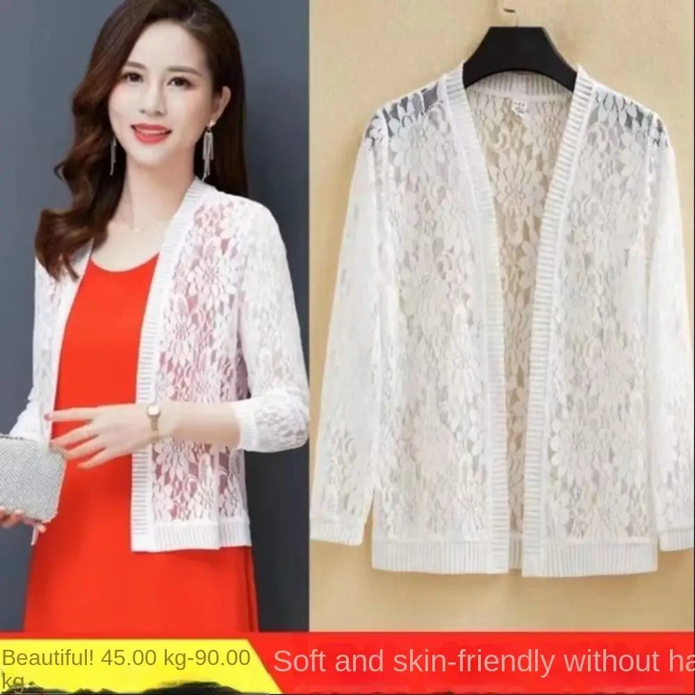Summer Tie Up Women's Cardigan Breathable Beach Air-Conditioning Shirt Floral Lace Sun Protection Clothing Women
