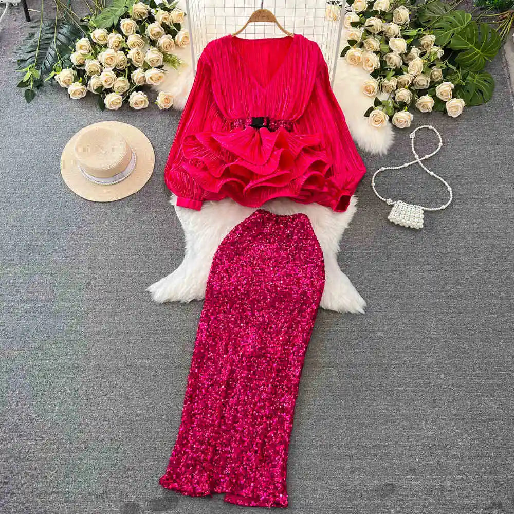 Fashion Blouse Skirts Set Women's Lantern Long Sleeve V-neck Ruffles Shirt High Waist Sequin Half Skirt for Party 2025 New