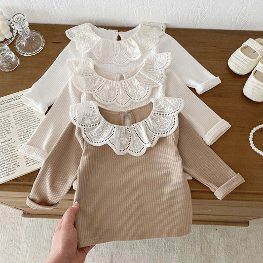 2024 Baby Herbst Kleidung Spitze Kragen Baby Tops Mit Langen Ärmeln Kinder Pullover Infant T Shirt für Mädchen Kleidung Kleinkind Bluse 0-2Y 