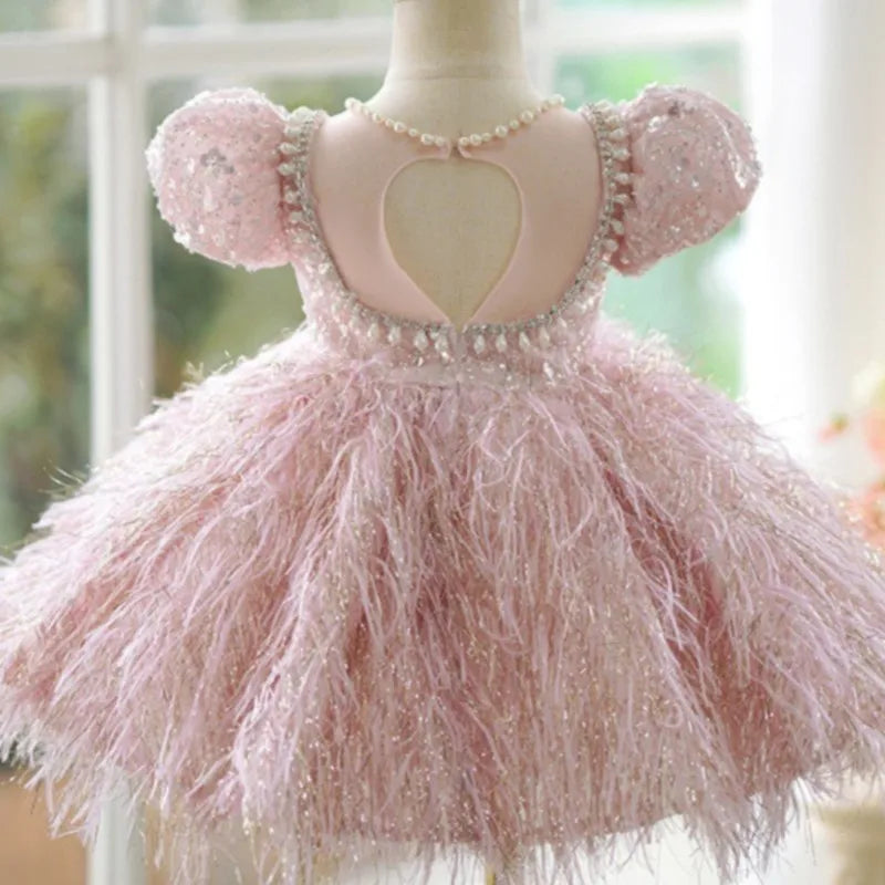Fashion kids Girl Sequins Feather Dress Puffy Sleeve Pearl Vestido 2-14Y