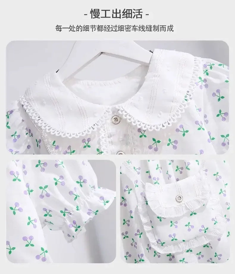 spring summer Kids Girls Princess Teenager Floral chiffon white fruit print Dresses Clothing  4 - 14 Years