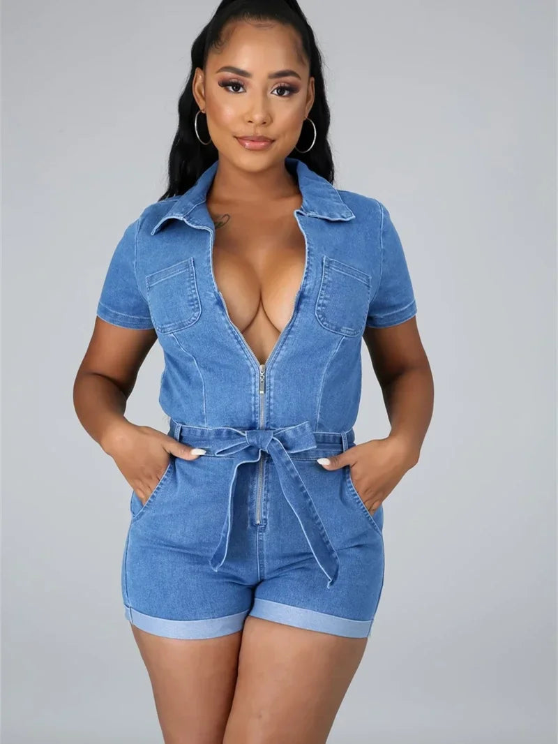 Streetwear Denim Rompers Playsuits Summer Clothes Women 2025 Turn Down Collar Jean Shorts Jumpsuits One Pieces Overalls Outfits