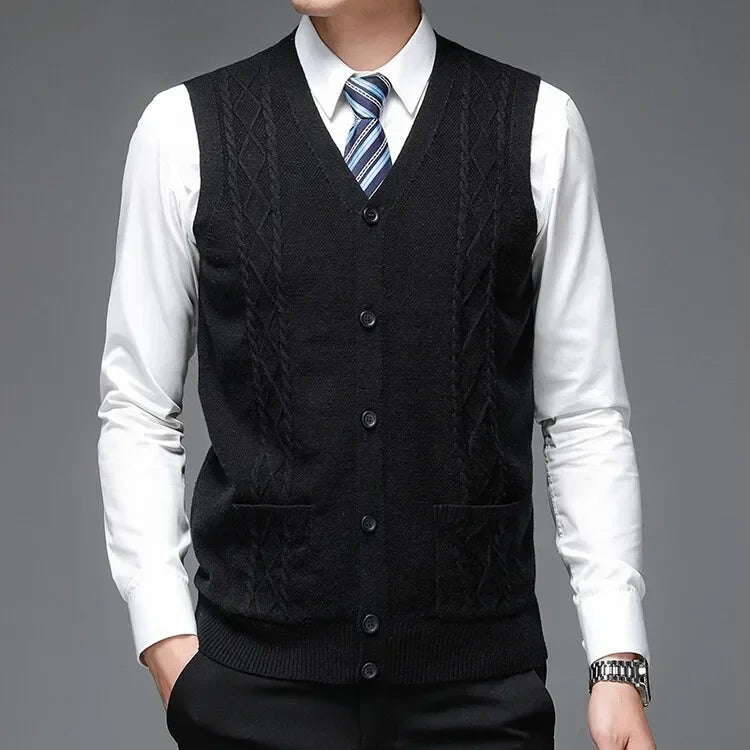 Men's Business Casual Pullover Wear Warm Sleeveless  Velvet Knitted Sweater Vest Tops