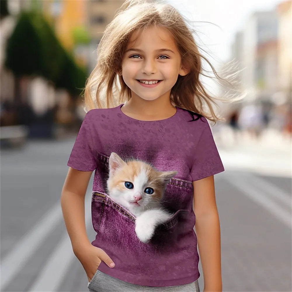 Kinderkleidung für Mädchen, T-Shirt mit 3D-Katzen-Print, kurzärmelig, Kinderkleidung, modische Kostüme für Mädchen, Top im Alter von 2 bis 12 Jahren 