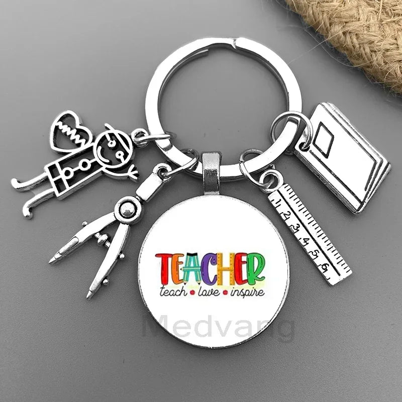 New Thank You Teacher Keychain Gift Thanksgiving Teacher Education Pendant Round Glass Keychain Teacher's Day Jewelry Gift