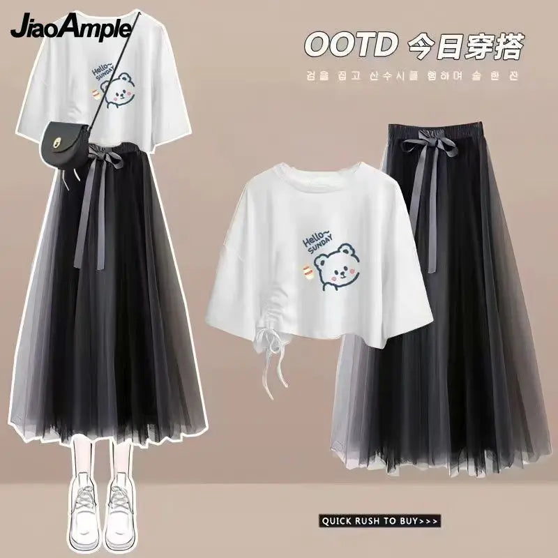 2024 Summer New Korean Elegant Cute Short Sleeved T-shirt+Mesh Midi Skirt Two Piece Suit Women's Loose Top Dress Matching Set