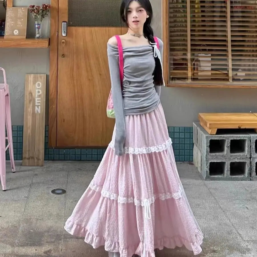 Wedbleser Fashion 2025 Sweet Ballet Style French Petite Outfit Slim Fit Gray Top Pink High Waisted Long Skirt Two-piece Set clothes