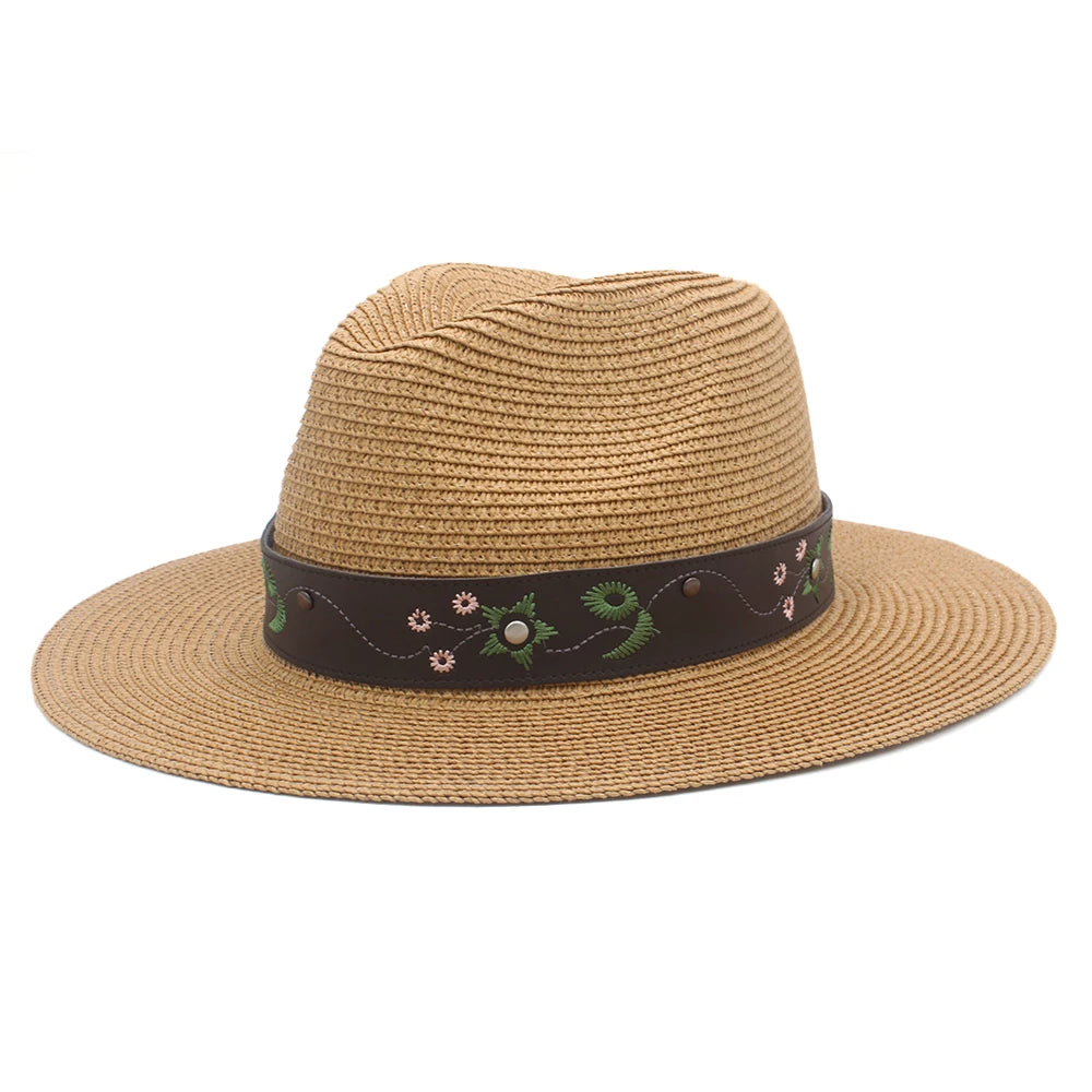2 Sizes Unisex Men Women Soft Straw Panama Hats Summer Fedora Wide Brim Sunhats Trilby Caps Outdoor Beach Travel Sombrero UK M-L