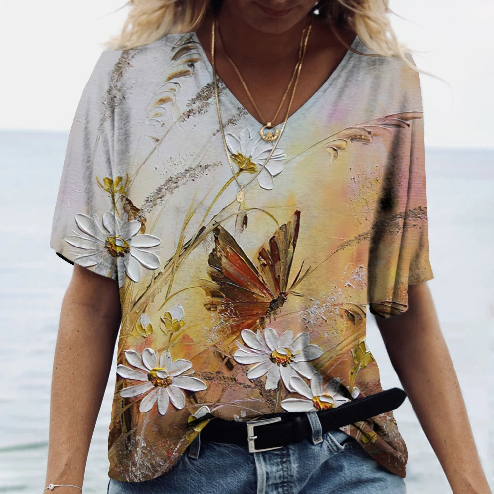 Butterfly Printed Women's T-Shirt clothes 3D V-Neck Cotton Fashion Short Sleeve Tops 2025 Casual Basic Girl's Clothing Harajuku Clothes