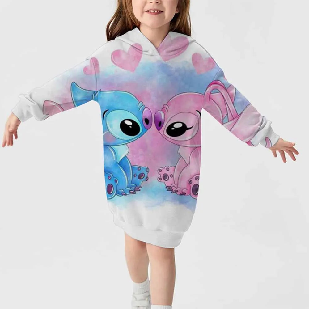 2024 neuer Disney-Stichmuster-Kapuzenrock für Herbst und Winter für Mädchen, süßes, bequemes Langarm-Kapuzenpulloverkleid 