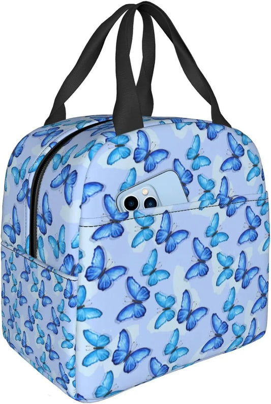 Butterfly Lunch Box for Girls Women Thremal Blue Picnic lunch Bag for School Office Work Insulated Washable Reusable Washable